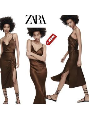 Zara chocolate brown satin effect spaghetti strap V-neck slip dress side slit L